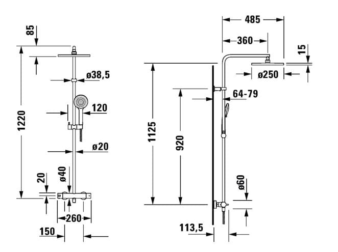 DURAVIT B.2 sprchový set 1220mm, s termostatickou sprchovou batériou, ručná a horná sprcha, chróm B24280008010 Technický nákres