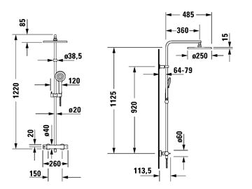 DURAVIT B.2 sprchový set 1220mm, s termostatickou sprchovou batériou, ručná a horná sprcha, chróm B24280008010 Technický nákres