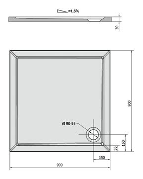 POLYSAN AURA 90 sprchová vanička 90x90 cm, liaty mramor, bez nožičiek 43511 Technický nákres