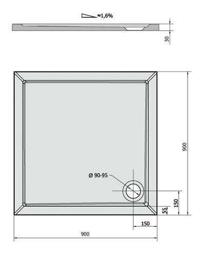 POLYSAN AURA 90 sprchová vanička 90x90 cm, liaty mramor, bez nožičiek 43511 Technický nákres