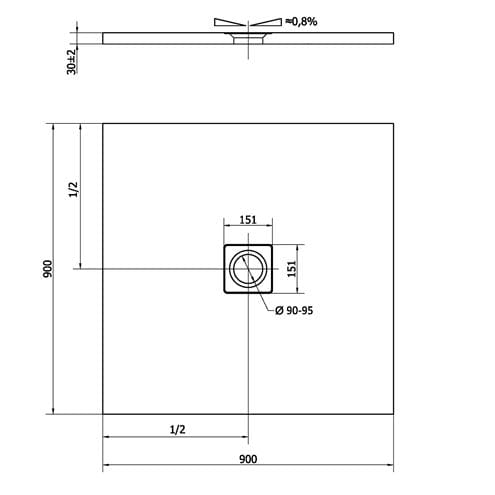 POLYSAN FLEXIA sprchová vanička 90x90 cm, liaty mramor, bez nožičiek 71546 Technický nákres