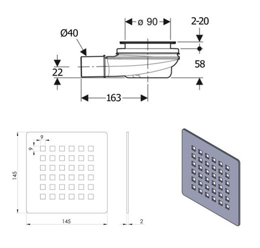 POLYSAN FLEXIA nízky vaničkový sifón pr. 90 mm, nerez 17731 Technický nákres