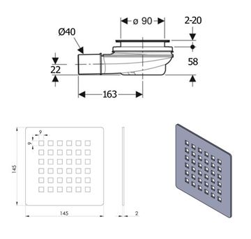 POLYSAN FLEXIA nízky vaničkový sifón pr. 90 mm, nerez 17731 Technický nákres