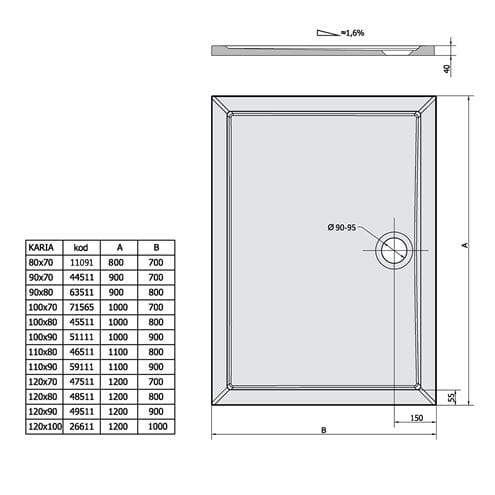 POLYSAN KARIA sprchová vanička 120x80 cm, liaty mramor, bez nožičiek 48511 Technický nákres