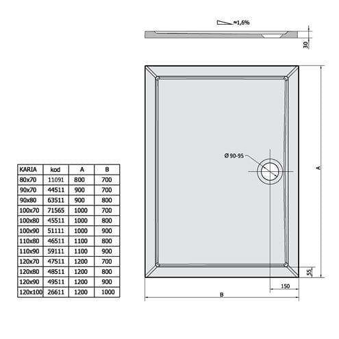 POLYSAN KARIA sprchová vanička 90x80 cm, liaty mramor, bez nožičiek 63511 Technický nákres