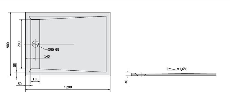 POLYSAN VARESA sprchová vanička 120x90 cm, liaty mramor, bez nožičiek 71603 Technický nákres