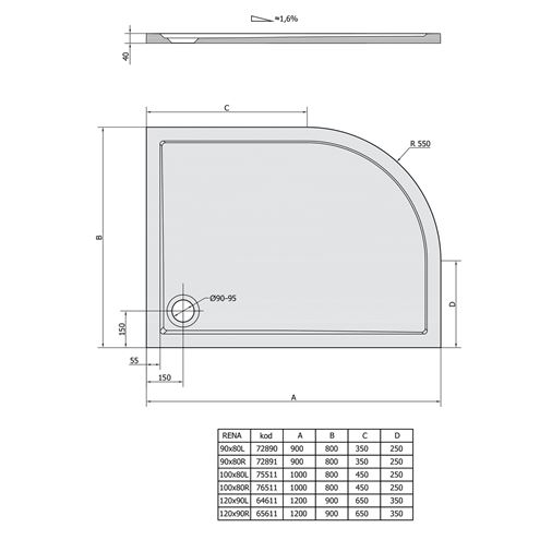 POLYSAN RENA R sprchová vanička 90x80 cm, R550, liaty mramor, bez nožičiek 72891 Technický nákres