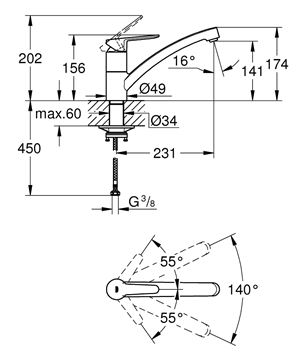 GROHE BAUECO drezová batéria, chróm 31680000 Technický nákres