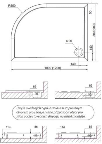 POLYSAN RENA L sprchová vanička 100x80 cm, R550, liaty mramor, bez nožičiek 75511 Technický nákres