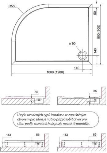 POLYSAN RENA L sprchová vanička 80x90 cm, R550, liaty mramor, bez nožičiek 72890 Technický nákres