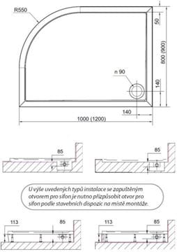 POLYSAN RENA L sprchová vanička 80x90 cm, R550, liaty mramor, bez nožičiek 72890 Technický nákres