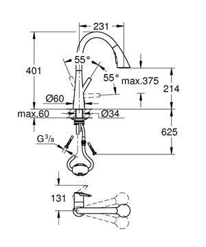GROHE ZEDRA drezová batéria, s vyťahovacou sprškou, chróm 32294002 Technický nákres