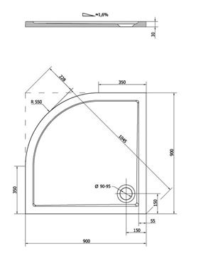 POLYSAN SERA 90 sprchová vanička 90x90 cm, R550, liaty mramor, bez nožičiek 41511 Technický nákres
