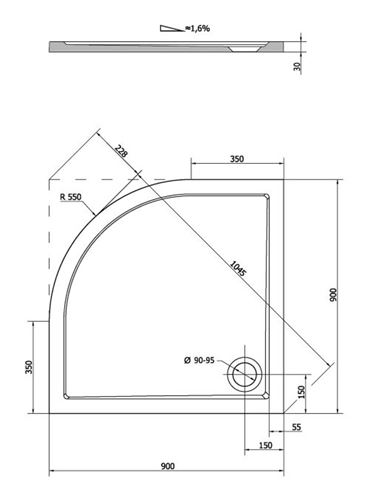 POLYSAN SERA 90 sprchová vanička 90x90 cm, R550, liaty mramor, bez nožičiek 41511 Technický nákres