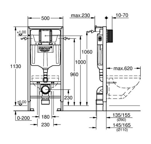 GROHE RAPID SL montážny prvok pre WC 113 cm, so splachovacou nádržkou 38536001 Technický nákres