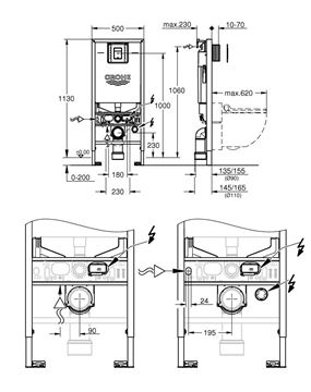 GROHE RAPID SLX montážny prvok pre WC 113 cm, so splachovacou nádržkou as tlačidlom, chróm 39603000 Technický nákres