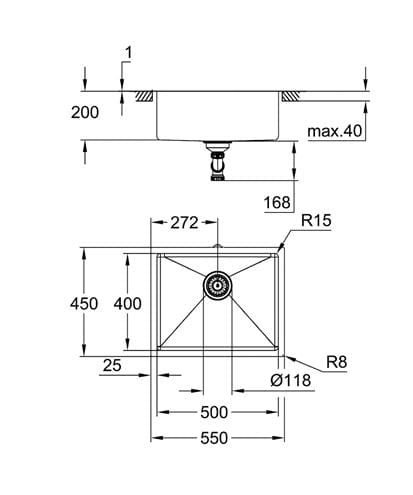 GROHE K700 60-S 54.4/44.4 1.0 nerezový drez 550x450 mm 31574SD1 Technický nákres