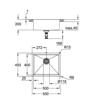 GROHE K700 60-S 54.4/44.4 1.0 nerezový drez 550x450 mm 31574SD1 Technický nákres