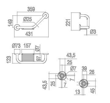INDA HOTELLERIE madlo 200x200 mm, pravé aj ľavé, s mydlenkou, chróm A0492TCR Technický nákres