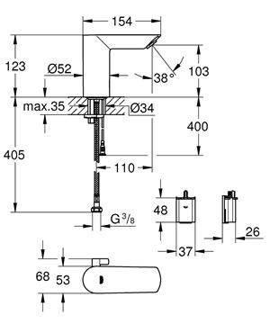 GROHE BAU COSMOPOLITAN E umývadlová senzorová batéria s reguláciou teploty, napájanie z batérie, Water Saving, chróm 36451000 Technický nákres