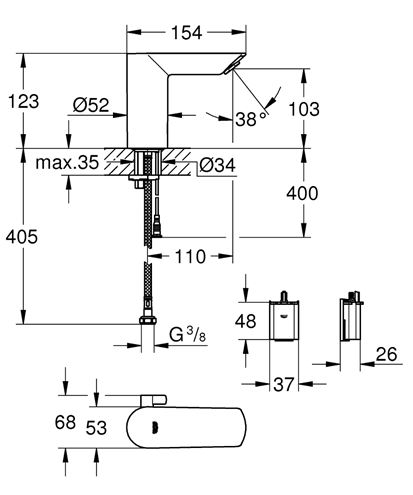 GROHE BAU COSMOPOLITAN E umývadlová senzorová batéria s reguláciou teploty, napájanie z batérie, Water Saving, chróm 36451000 Technický nákres