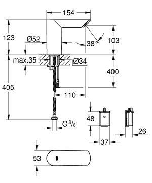 GROHE BAU COSMOPOLITAN E umývadlová senzorová batéria pre jednu vodu, napájanie z batérie, Water Saving, chróm 36452000 Technický nákres