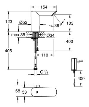 GROHE BAU COSMOPOLITAN E umývadlová senzorová batéria s reguláciou teploty, napájanie zo siete, Water Saving, chróm 36453000 Technický nákres