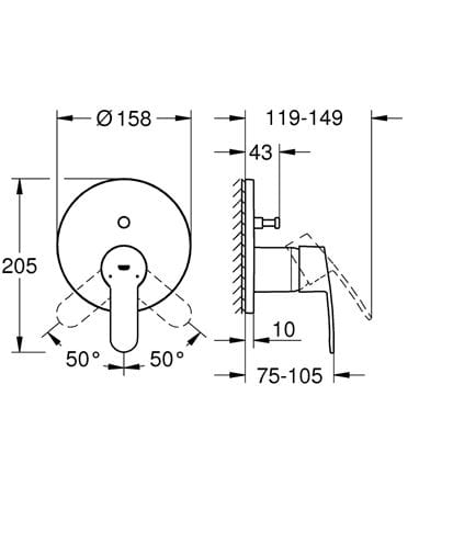 GROHE EUROSTYLE COSMOPOLITAN vaňová podomietková batéria, s prepínačom, chróm 24052002 Technický nákres