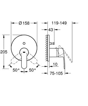 GROHE EUROSTYLE COSMOPOLITAN vaňová podomietková batéria, s prepínačom, chróm 24052002 Technický nákres