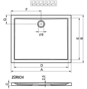 RIHO ZÜRICH 250 sprchová vanička 90x90 cm, akrylát, bez nožičiek D001007005 Technický nákres