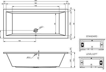 RIHO LUSSO vaňa 200x90 cm, bez nožičiek, akrylát B016001005 Technický nákres