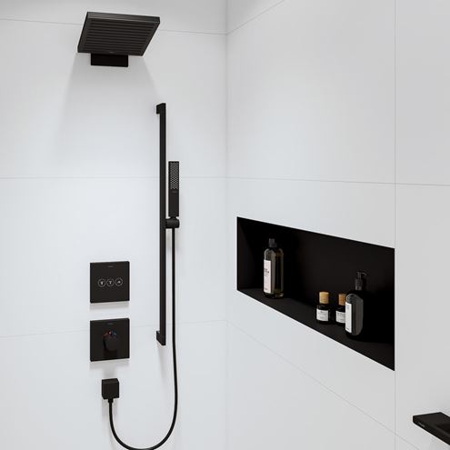 HANSGROHE PULSIFY E 260 2JET horná sprcha 260x260 mm, 2 prúdy, s ramenom, EcoSmart, matná čierna 24351670 Obrázek - fotka