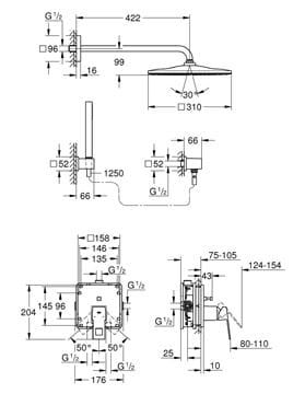 GROHE EUROCUBE sprchový set s podomietkovou batériou, horná sprcha, ručná sprcha s 3 prúdmi, hadica, držiak, kolienko, chróm 25238000 Technický nákres