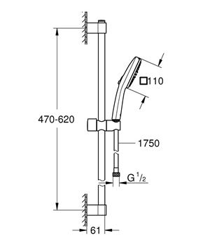 GROHE TEMPESTA CUBE 110 sprchová súprava 3-dielna, ručná sprcha 110x110 mm, 2 prúdy, hadica, tyč, Water Saving, matná čierna 267482433 Technický nákres