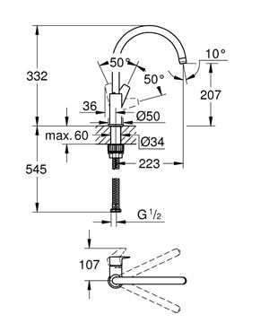 GROHE BAUEDGE drezová batéria, chróm 31233001 Technický nákres