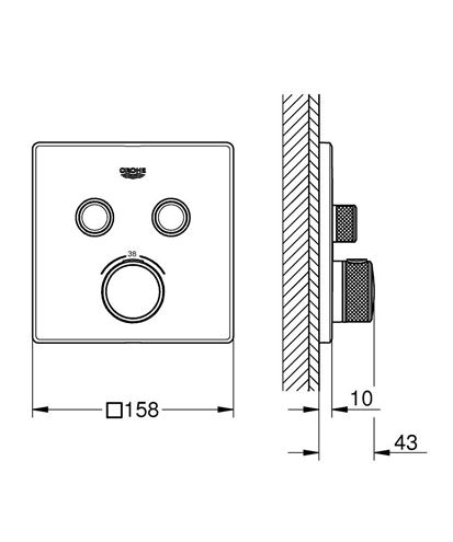 GROHE GROHTHERM SMARTCONTROL podomietková termostatická batéria, pre 2 spotrebiče, Water Saving, hard graphite 29124A00 Technický nákres