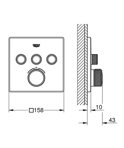 GROHE GROHTHERM SMARTCONTROL podomietková termostatická batéria, pre 3 spotrebiče, Water Saving, brúsený hard graphite 29126AL0 Technický nákres