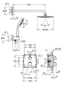 GROHE GROHTHERM sprchový set s podomietkovou termostatickou batériou, horná sprcha, ručná sprcha, hadica, držiak, chróm 34734000 Technický nákres