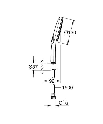 GROHE RAINSHOWER SMARTACTIVE 130 sprchová súprava 3-dielna, ručná sprcha pr. 130 mm, 3 prúdy, hadica, držiak, Water Saving, chróm 26581000 Technický nákres