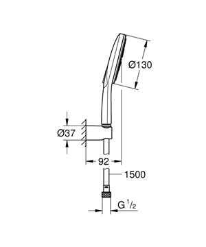 GROHE RAINSHOWER SMARTACTIVE 130 sprchová súprava 3-dielna, ručná sprcha pr. 130 mm, 3 prúdy, hadica, držiak, Water Saving, chróm 26581000 Technický nákres