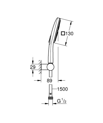 GROHE RAINSHOWER SMARTACTIVE 130 CUBE sprchová súprava 3-dielna, ručná sprcha 130x130 mm, 3 prúdy, hadica, držiak, Water Saving, chróm 26588000 Technický nákres