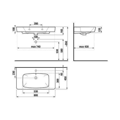 JIKA LYRA PLUS umývadlo 80 cm, s otvorom pre batériu a prepadom H8103860001041 Technický nákres