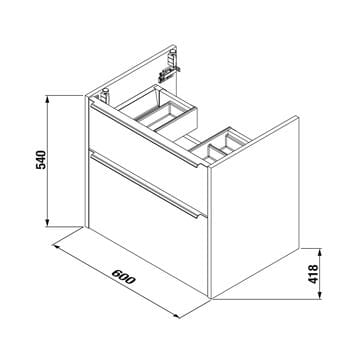 JIKA PURE skrinka s umývadlom 60x44x54 cm, 2 zásuvky, lesklá biela H40B2324025002 Technický nákres