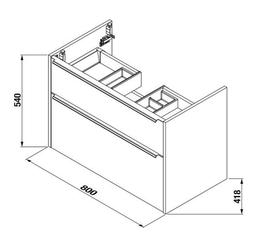 JIKA PURE skrinka s umývadlom 80x44x54 cm, 2 zásuvky, matná čierna H40B2344023532 Technický nákres