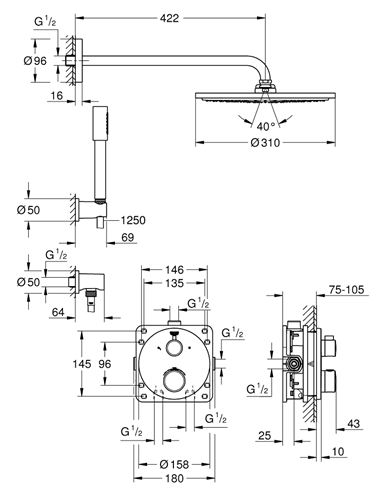 GROHE GROHTHERM sprchový set s podomietkovou termostatickou batériou, horná sprcha, ručná sprcha, hadica, kolienko, držiak, chróm 34731000 Technický nákres