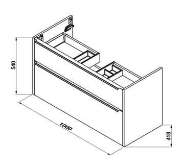 JIKA PURE skrinka s umývadlom 100x41,8x54 cm, 2 zásuvky, lesklá biela H40B2364025002 Technický nákres