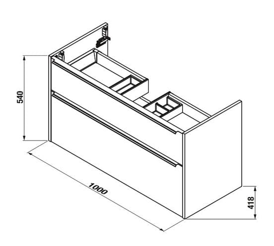 JIKA PURE skrinka s umývadlom 100x41,8x54 cm, 2 zásuvky, matná čierna H40B2364023532 Technický nákres