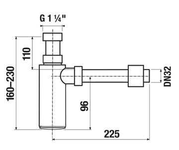 JIKA MIO dizajnový sifón k umývadlu DN32, s prevlečnou maticou 5/4, matná čierna H3742F07160001 Technický nákres
