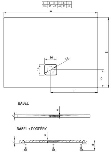 RIHO BASEL 416 sprchová vanička 120x90 cm, akrylát, bez nožičiek D005024005 Technický nákres