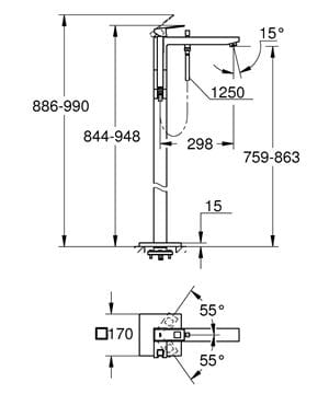 GROHE EUROCUBE vaňová batéria na podlahu, s prepínačom, so sprchovou súpravou, chróm 23672001 Technický nákres